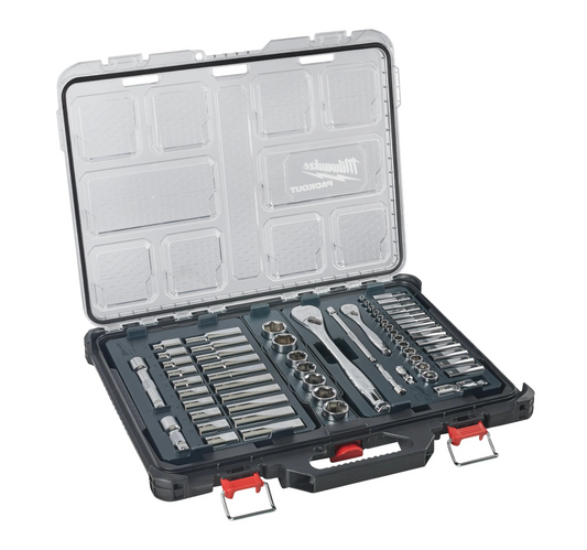 Jogo de chaves de caixa Milwaukee de 63 peças com roquete de 1/4" e 1/2" e organizador compacto e fino