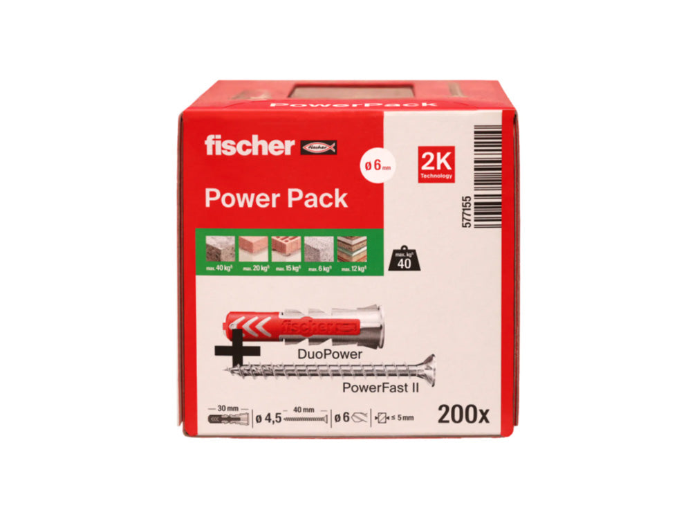 Caixa Taco Duopower 6x30 + Parafuso PowerFast II 4,5x40 Fischer 200 unid.