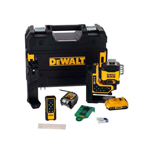 Nivel láser autonivelante Verde con control remoto de 3 lineas 360º XR 18V + Bateria 2Ah + Cargador Dewalt DCLE34035D1