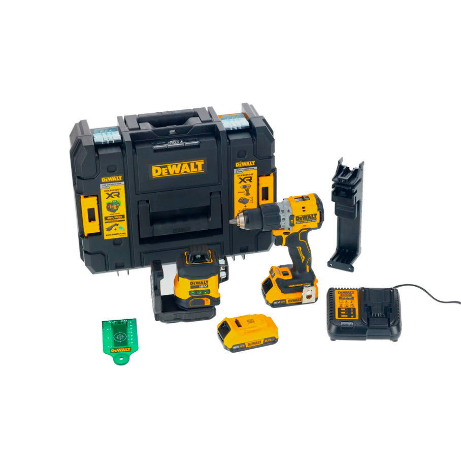 Kit de nível laser VERDE de 3 linhas 360° XR 18 V + berbequim com percussão XR 18 V + 2 baterias de 2 Ah + carregador + mala Dewalt DCLE34031N
