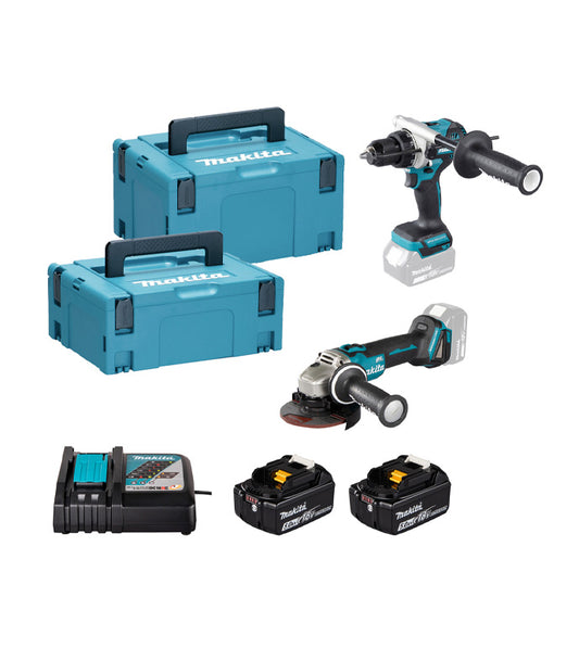 Combo 18V Broca DHP492 + Esmeriladora DGA504 + 2 baterias 5Ah + Carregador + Malas Makita DLX2552TJ