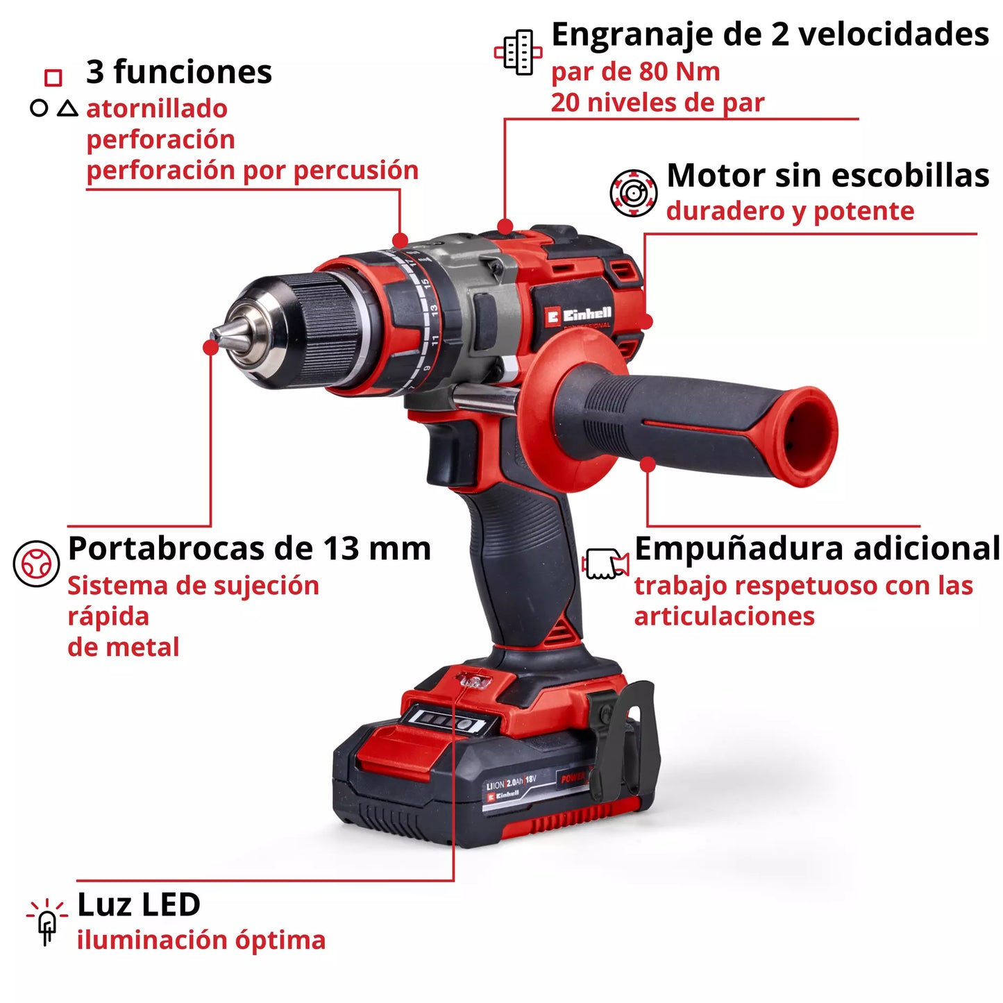 Berbequim de percussão 18 V + 2 baterias de 2 Ah + carregador + mala Einhell TP-CD 18/80 Li-i BL