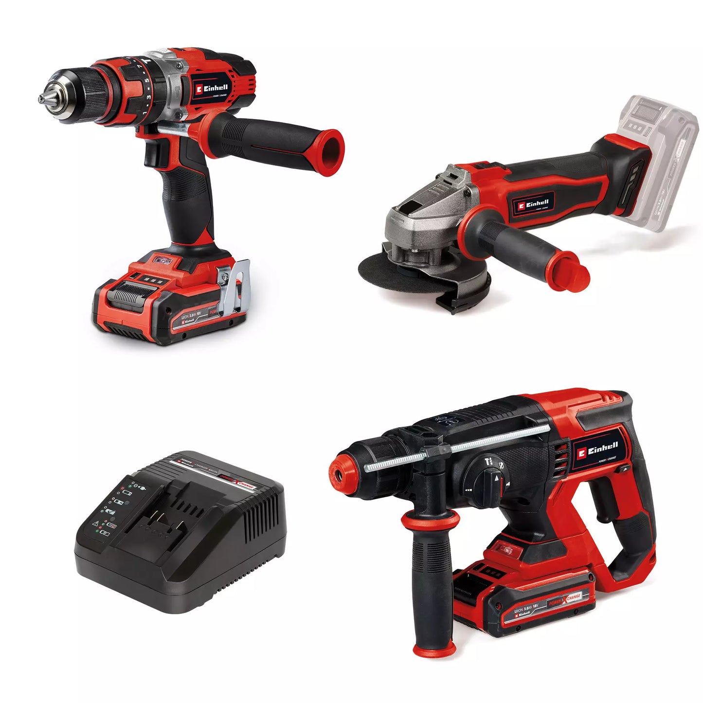 Set 18V Taladro + Martillo perforador + Amoladora + 2bat 3.0Ah + Cargador Einhell TE-TK 18/3 Li +2 (CD+AG+HD)