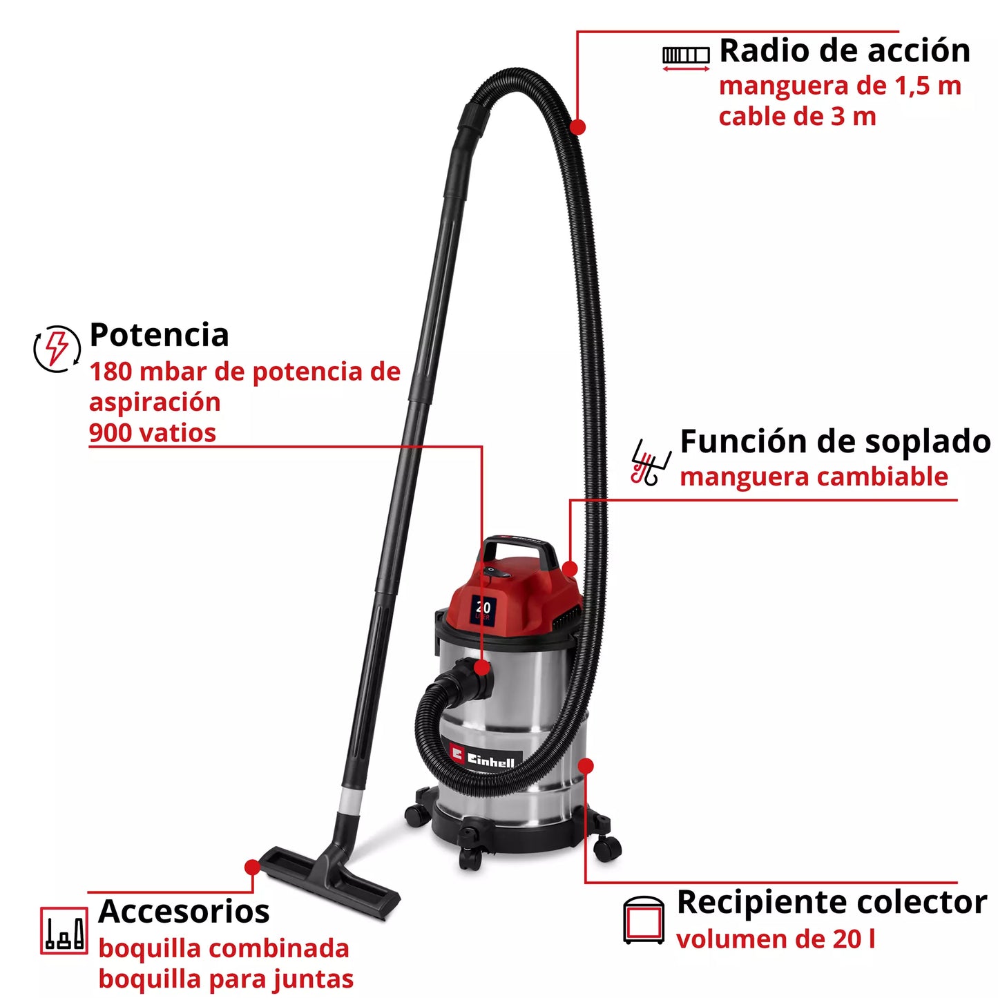 Aspirador para limpeza a seco e a húmido, 20 L, 900 W, Einhell TC-VC 2045 S