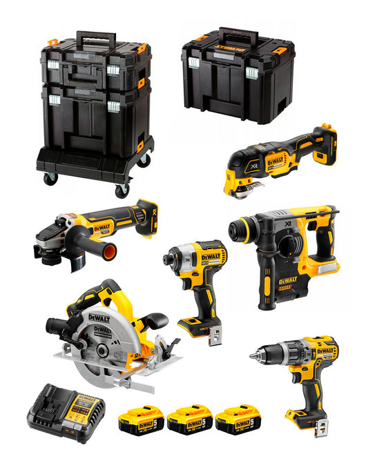 Conjunto de 6 ferramentas de 18 V + 3 baterias de 5 Ah + carregador + malas de transporte + base Tstak Dewalt DCK685P3T