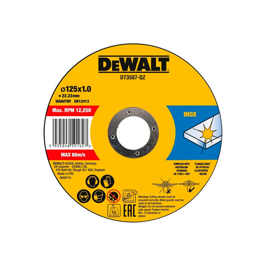 Lata com 10 discos de corte de alto desempenho para aço inoxidável 125x1x22,23mm Dewalt