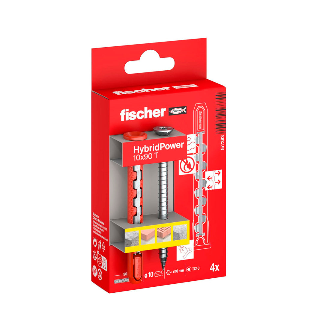 Caixa com 4 buchas de nylon e aço HybridPower 10x90 FUS Fischer