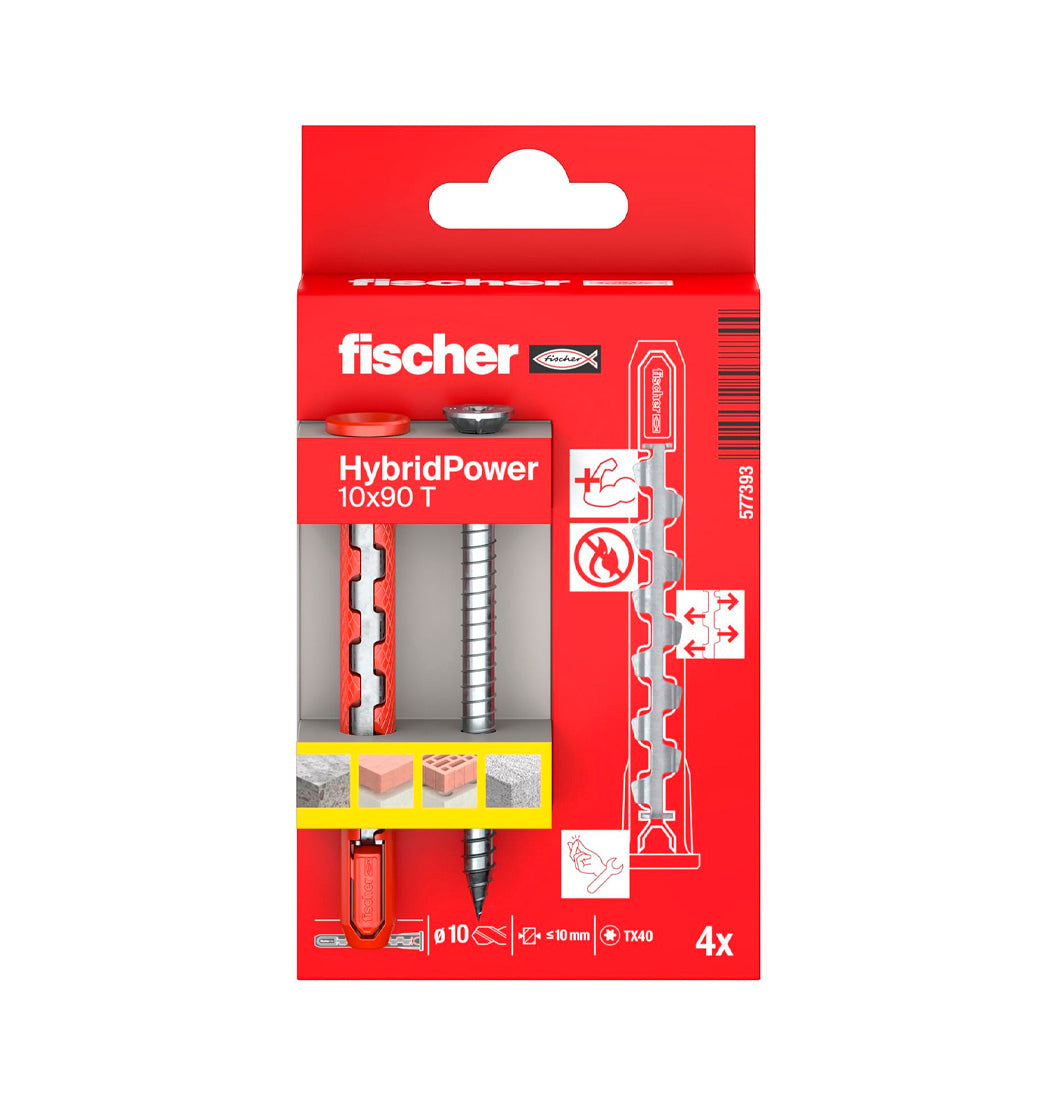 Caixa com 4 buchas de nylon e aço HybridPower 10x90 FUS Fischer