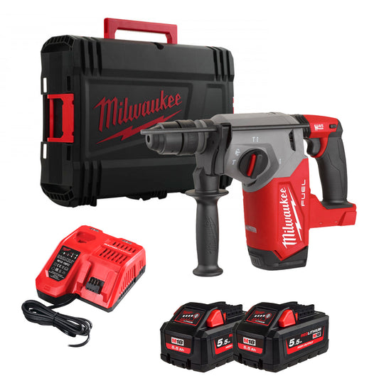 Martelo combinado SDS-Plus de 26 mm com Fixtec 2.5J + 2bat 5.5Ah + Carregador + Estojo Milwaukee M18 FHX-5552X