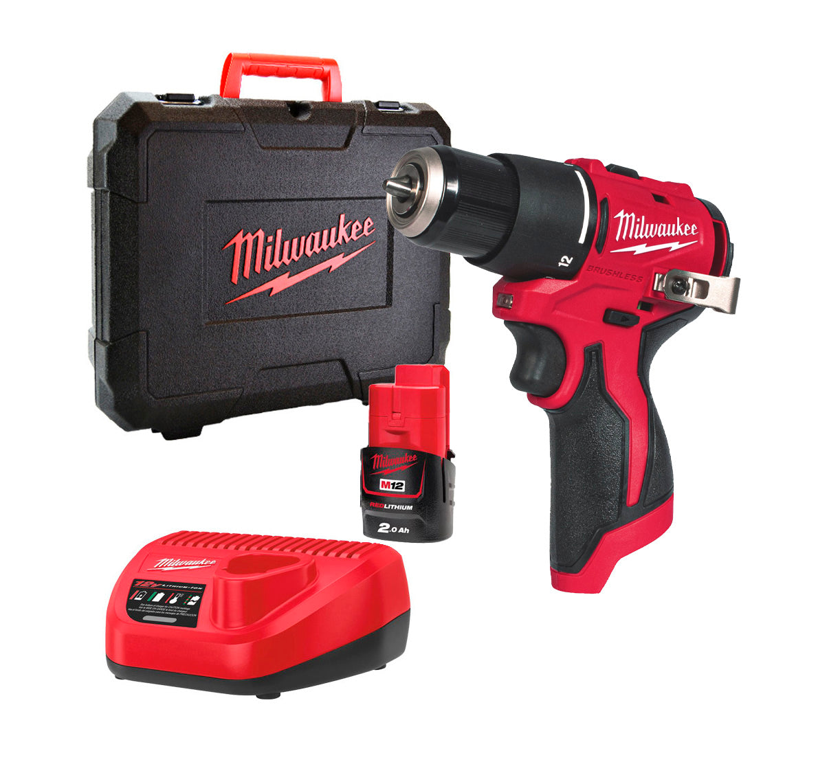 Broca de percussão subcompacta M12 + Bateria 2Ah + Carregador + Mala Milwaukee M12 BLPDRC-202C