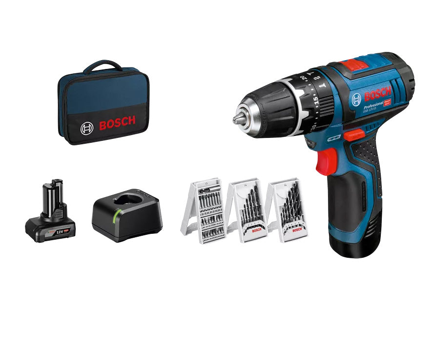 Berbequim GSB 12V-15 + bateria 2Ah + conjunto de 25 bits + carregador Bosch